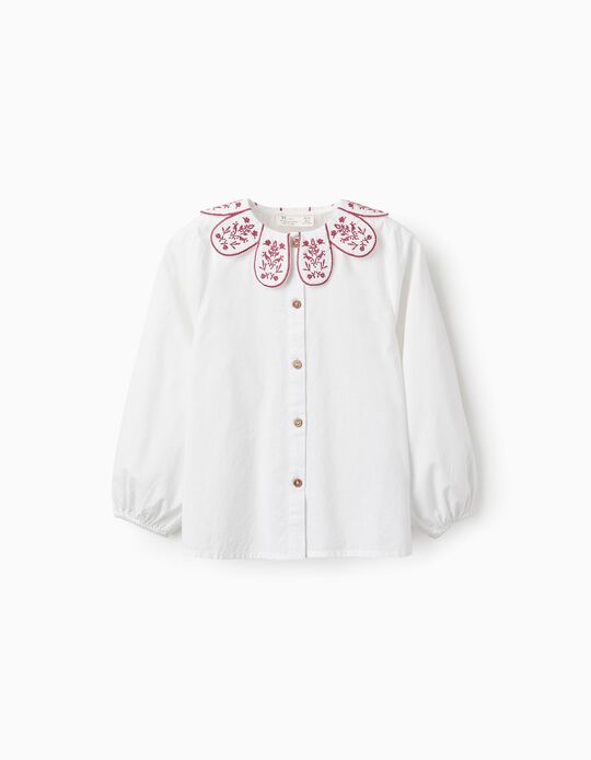 Comprar Online Camisa de Algodão com Gola Flor para Menina, Branco/Rosa