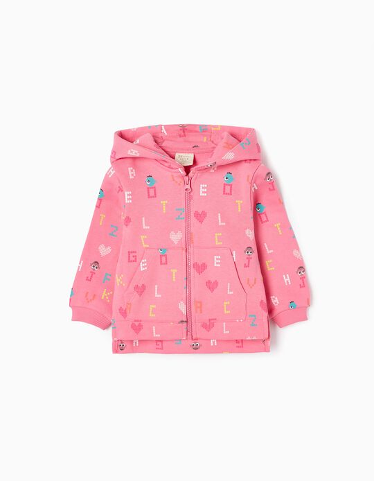 Cotton Hooded Jacket for Baby Girls 'Letters', Pink