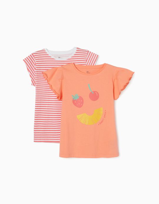 2 T-Shirts Fille 'Sweet Smile', Corail/Blanc