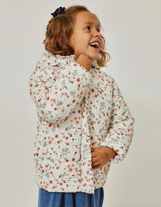 Floral Padded Jacket with Hood and Polar Lining for Girls, White