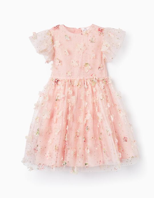 Tulle Dress with Flowers for Girls, Pink