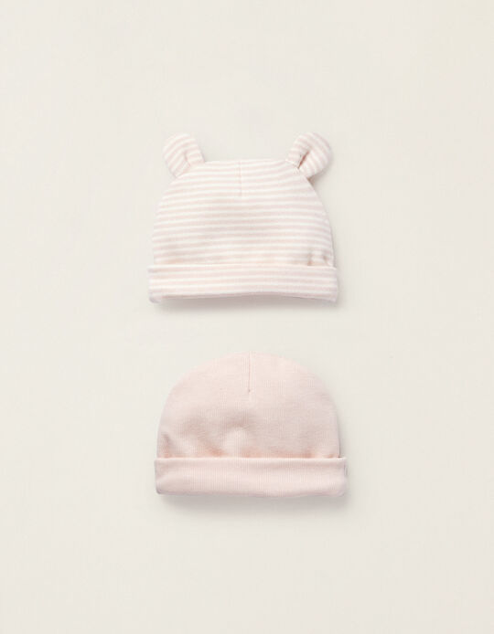 Buy Online Pack of 2 Cotton Beanies for Newborn Girls, White/Pink