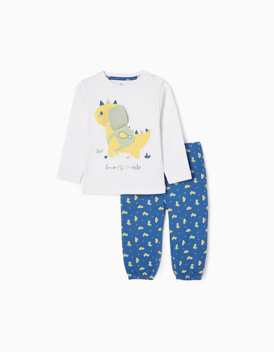 Cotton Pyjamas for Baby Boys 'Dinosaur', White/Blue