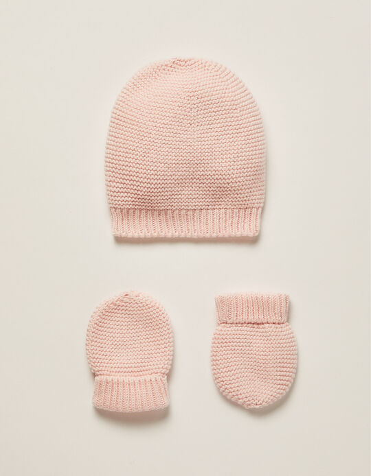 Beanie + Mittens for Newborn Baby Girls, Pink