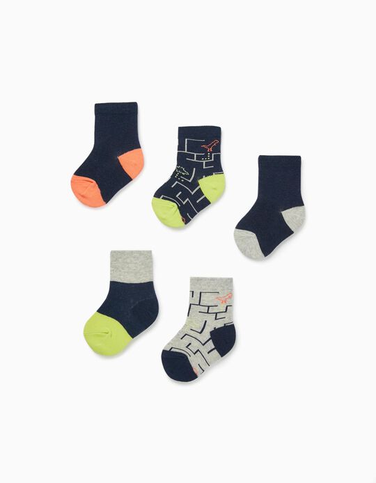 Pack of 5 Pairs of Socks for Baby Boys 'Dinosaur', Dark Blue/Grey