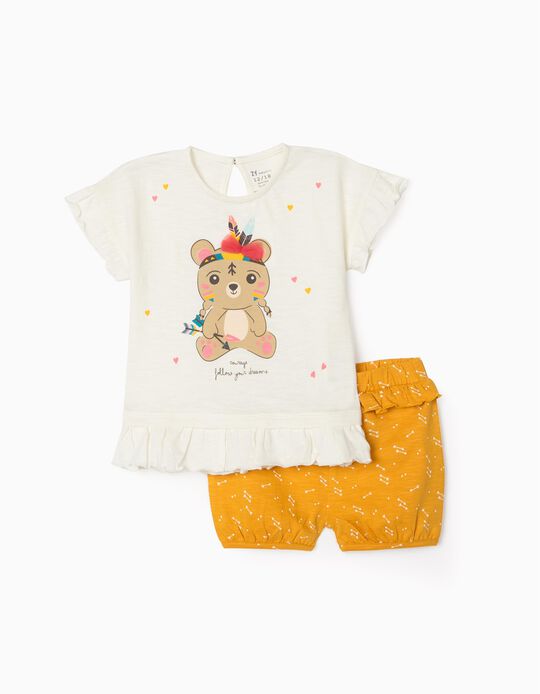 T-Shirt + Calções para Bebé Menina, Branco/Amarelo