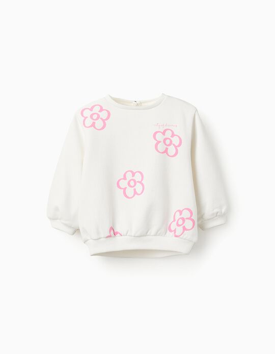 Comprar Online Sweat Cardada com Estampado de Flores para Bebé Menina, Branco/Rosa