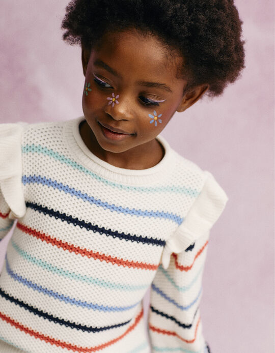 Striped Knit Sweater with Ruffles for Girls, White/Blue/Red