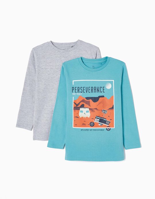 2-Pack Long-sleeve Coton T-shirts for Boys 'Perseverance',  Blue/Grey