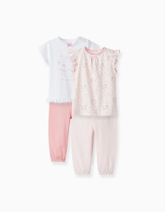 Pack 2 Pijamas de Algodão para Bebé Menina 'Super Stars', Branco/Rosa
