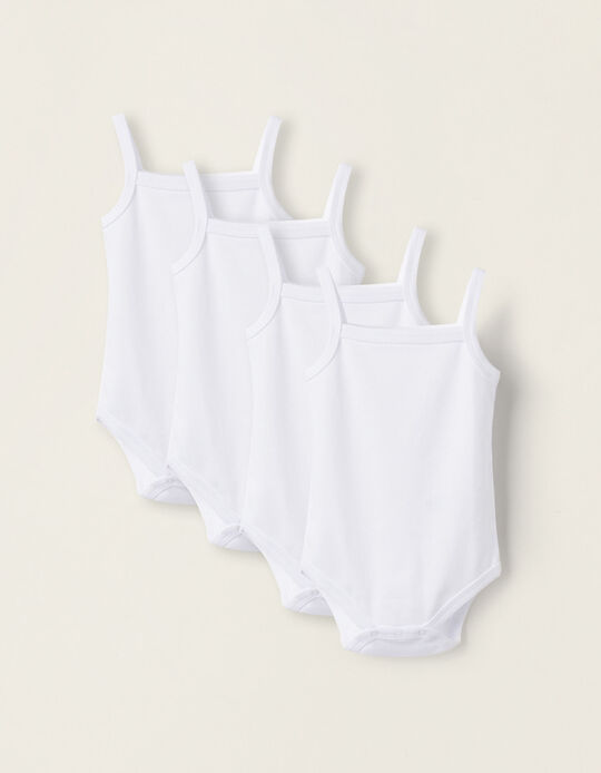 Pack of 4 Strappy Cotton Bodysuits for Newborn Girls, White