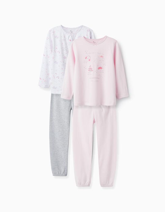 Pack of 2 Cotton Pyjamas for Girls 'Bedtime Routine', White/Pink/Grey