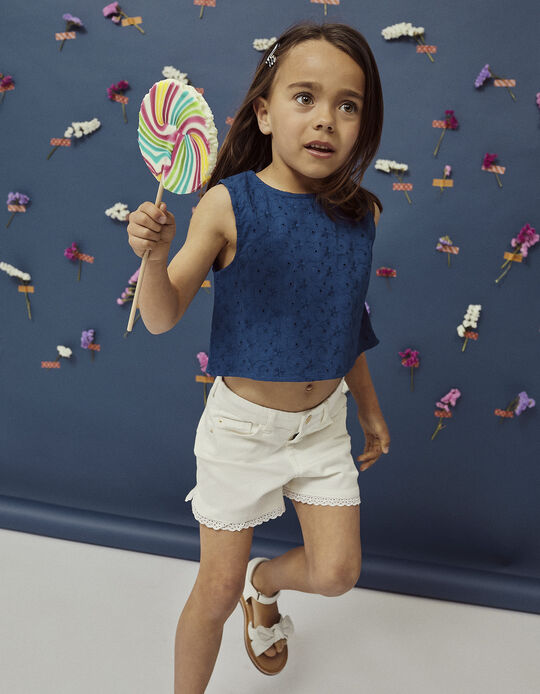 Crop Top with Broderie Anglaise for Girls, Blue