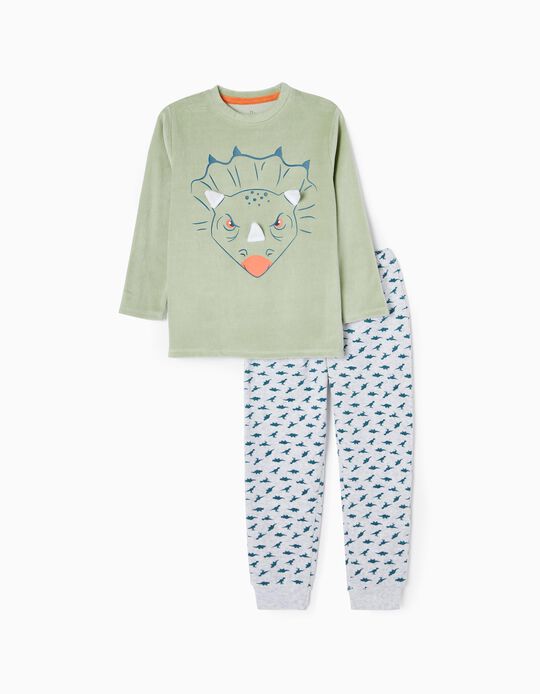 Pijama de Terciopelo para Niño 'Dinosaurio', Verde/Gris