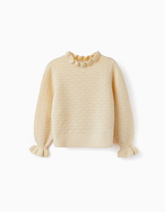 Knitted Jumper with Ruffles for Girls, Beige