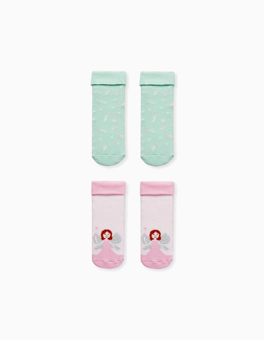 Pack of 2 Pairs of Thick Non-Slip Socks for Baby Girls, Pink/Green