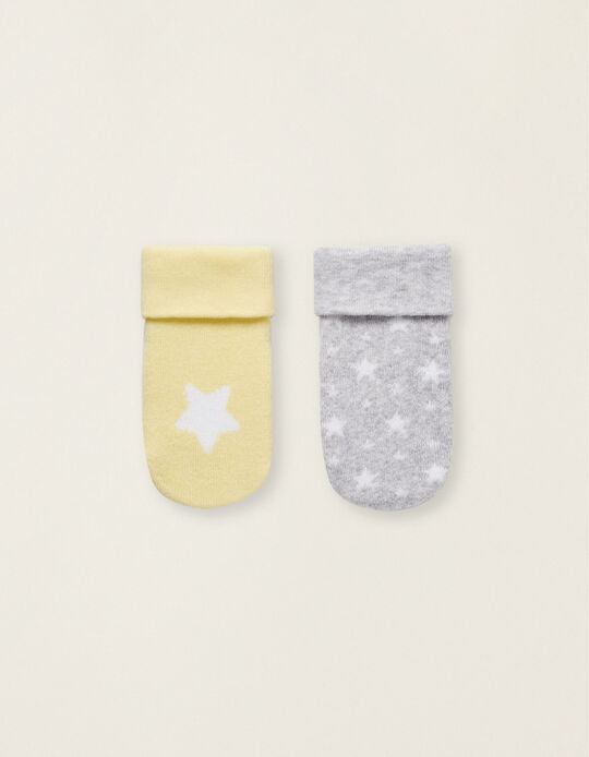 Pack of 2 pairs of Thick Baby Socks 'Stars', Yellow/Grey