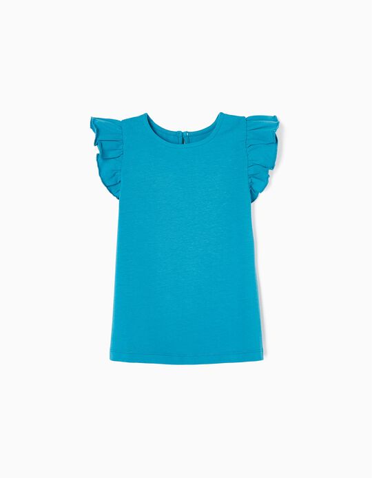 T-shirt de Algodão com Folhos para Menina, Azul