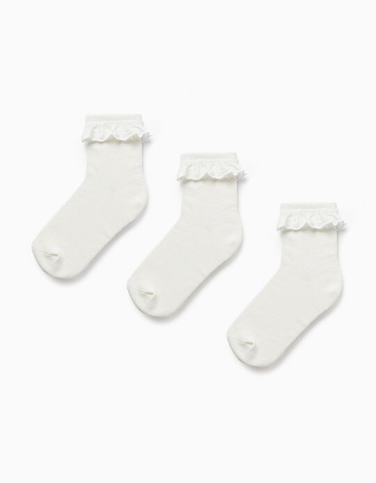 3 Pack Pairs of Socks with English Embroidery for Girls, White