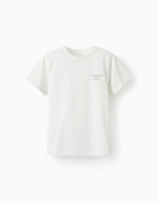 T-Shirt de Algodão para Menino 'Stork Watch Crew', Branco