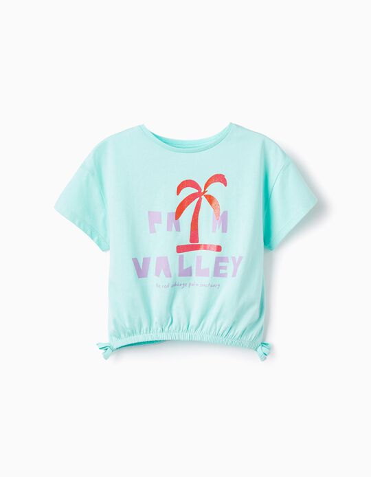 T-shirt Curta de Algodão para Menina 'Palm Valley', Verde Água