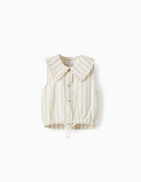 Striped Shirt with Ruffles for Girls, White/Beige
