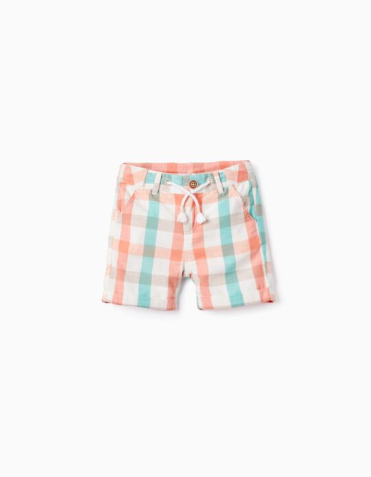Pantalones Cortos a Cuadros de Algodón para Bebé Niño 'B&S', Verde Agua/Coral