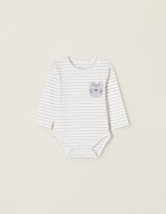Striped Bodysuit in Cotton for Newborn Baby Boys 'Tiger', White/Grey