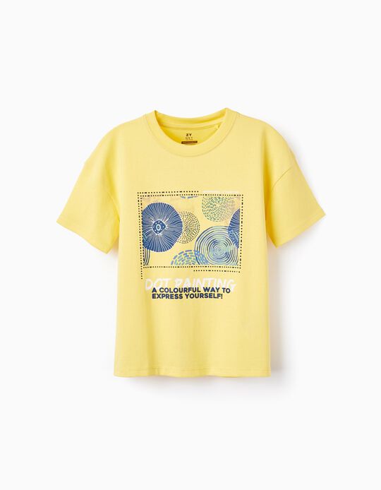 T-shirt de Algodão com Estampado para Menino 'Dot Painting', Amarelo
