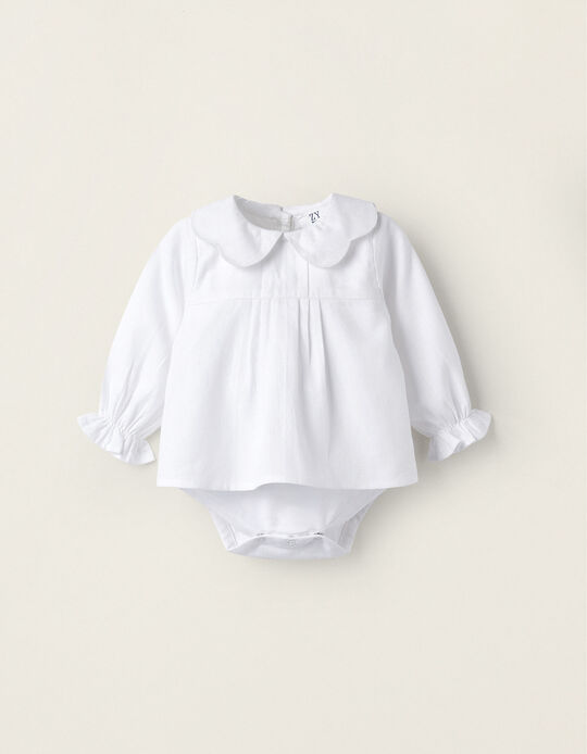 Long Sleeve Bodysuit-Blouse with Ruffles for Newborn Girls, White