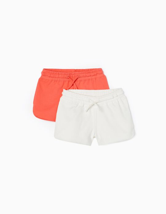 Pack 2 Sports Shorts for Girls, White/Coral