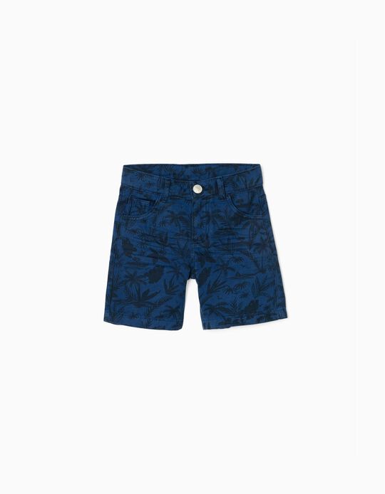 Denim Shorts with Tropical Motif, Blue