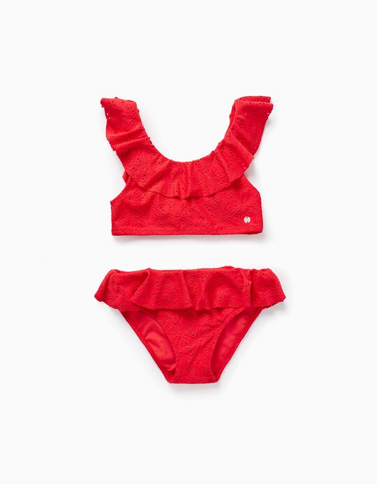 Bikini Avec Broderie Anglaise Pour Fille, Rouge