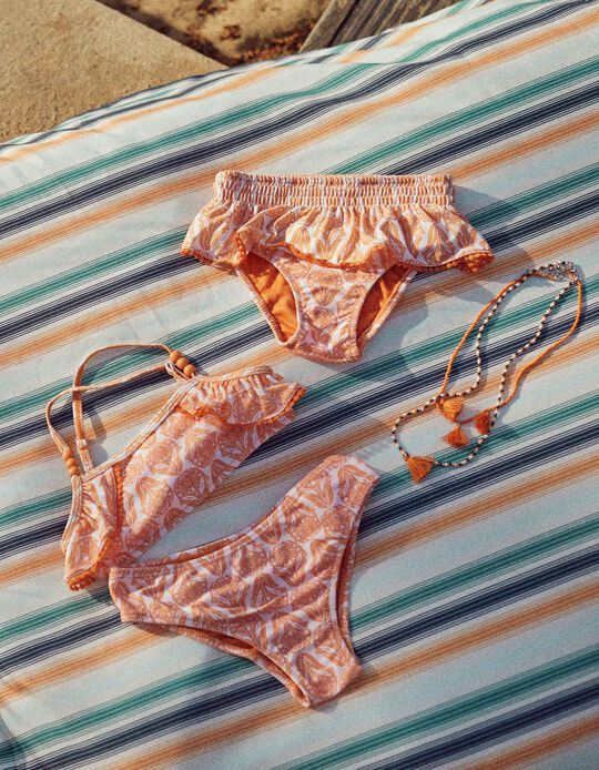Bikini Floral con Cuentas y Volantes Protección UV 80 para Niña 'You&Me', Naranja