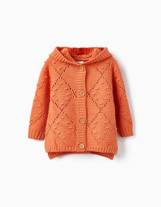 Perforated Knit Hooded Cardigan for Baby Girls, Orange