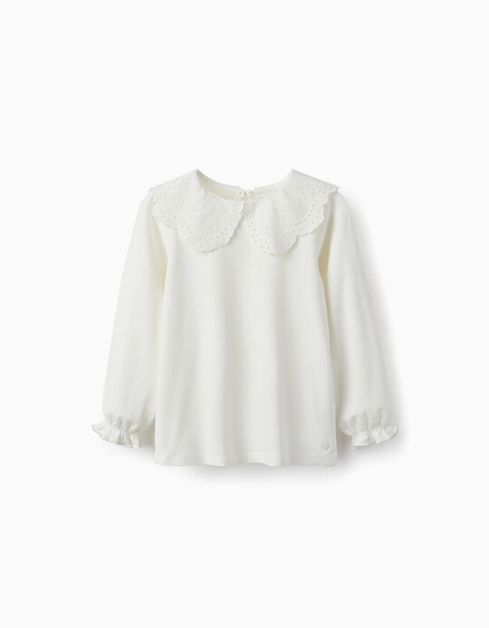 Long Sleeve T-shirt in Cotton with English Embroidery for Girls, White