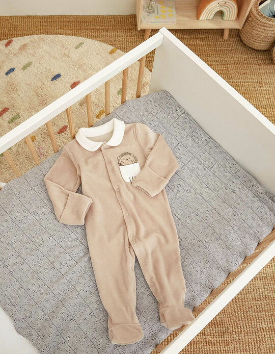 Velour Sleepsuit in Cotton for Babies 'Hedgehog', Beige