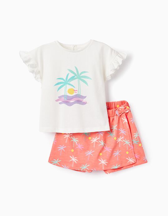 T-Shirt + Jupe-Culotte pour Bébé Fille 'Palmiers', Blanc/Corail