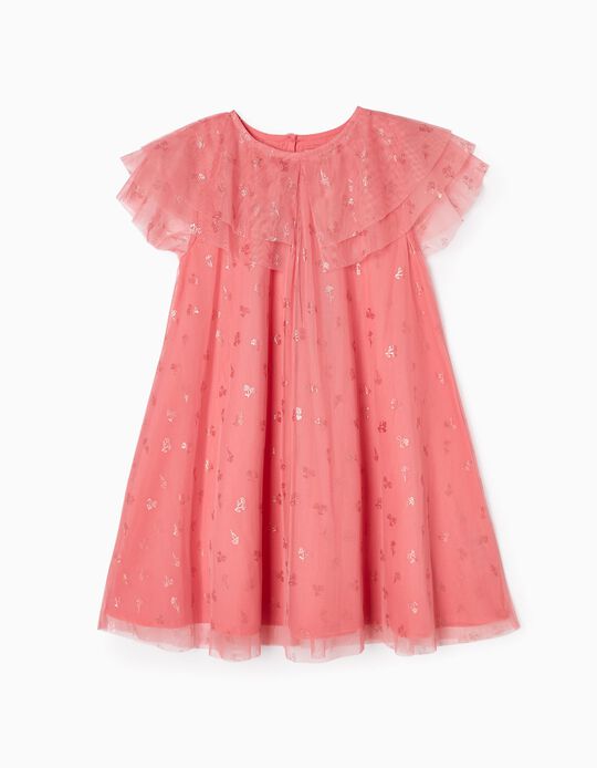 Tulle Dress with Floral Motif for Girls, Pink