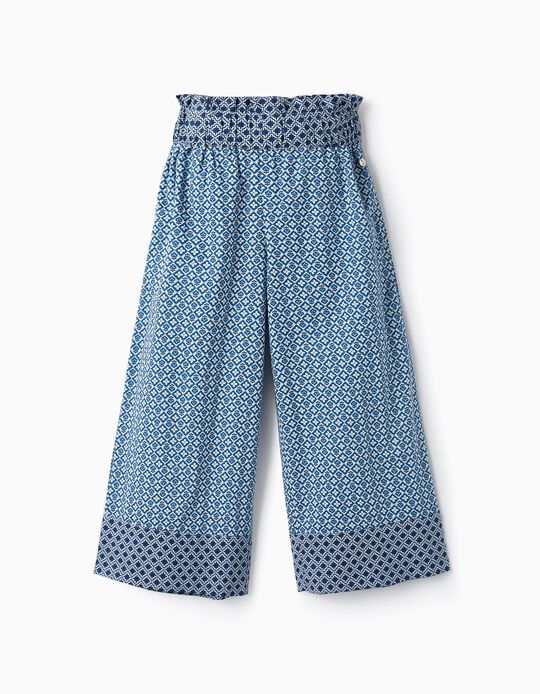 High-Waisted Trousers with Pattern for Girls 'Wide Leg', Blue/White