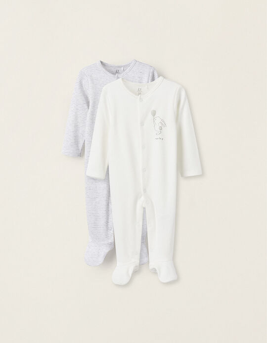 Pack of 2 Cotton Babygrows for Baby Girls 'Bunnies', Grey/White