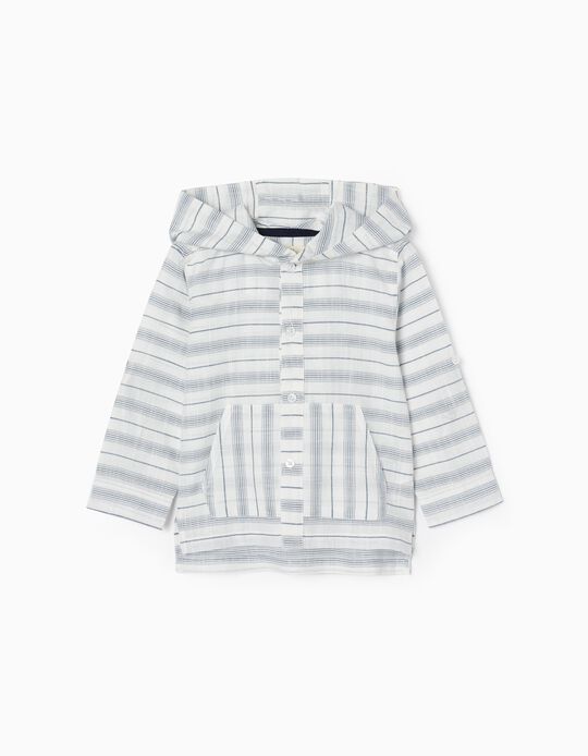 Striped Cotton Shirt with Hood for Baby Boys, White/Blue