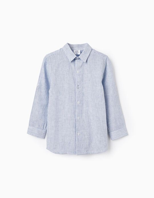 Comprar Online Camisa de Manga Comprida às Riscas Clássica para Menino, Azul/Branco