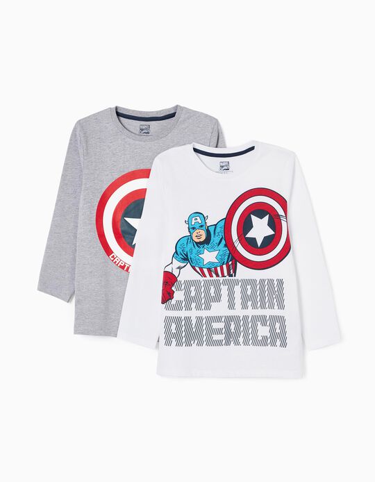 2 T-shirts de Manga Comprida em Algodão para Menino 'Captain America', Branco/Cinza