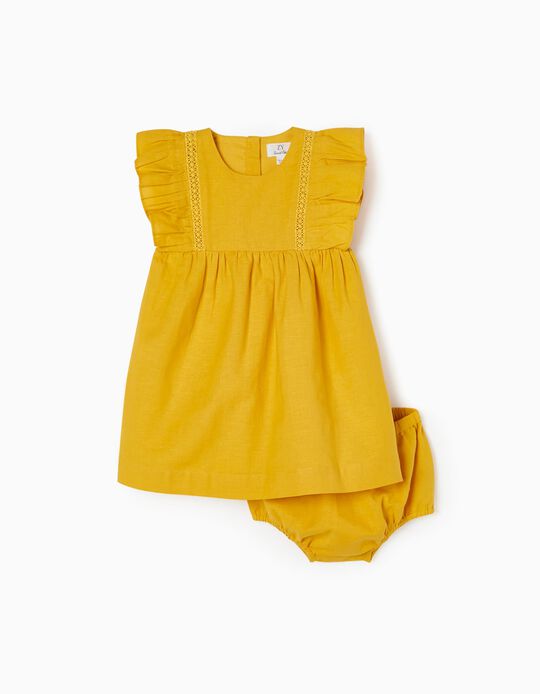 Cotton and Linen Dress + Bloomers for Baby Girls, Yellow