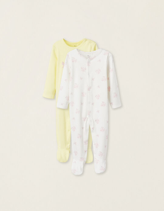 Pack 2 Pijamas de Algodón para Bebé Niña 'Butterflies', Blanco/Amarillo
