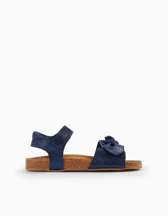 Buy Online Leather Sandals with Glitter and Bows for Girls, Dark Blue