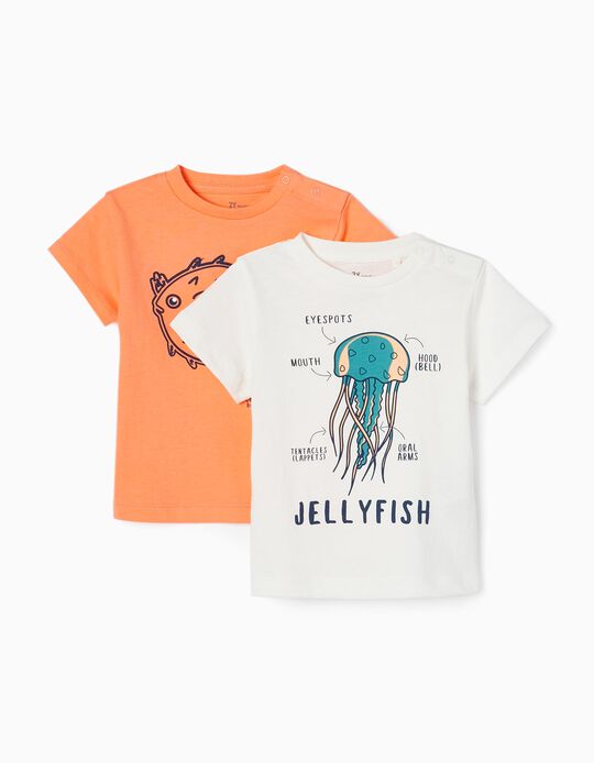Pack 2 Camisetas de Algodón para Bebé Niño 'Peces', Naranja/Blanco