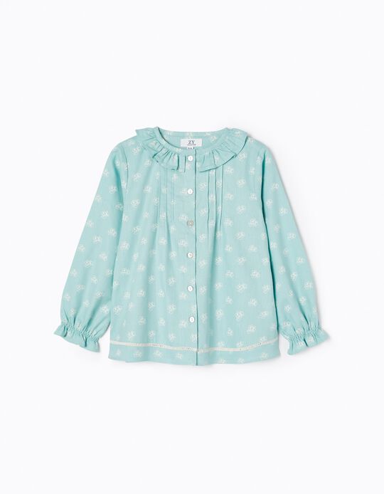 Cotton Floral Shirt for Girls, Aqua Green