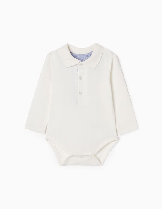 Cotton Polo-bodysuit for Newborn Baby Boys, White